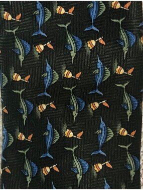 Mark Jason Neck Tie Black with Blue Marlin Fish 2.5 in Wide 48 in Long